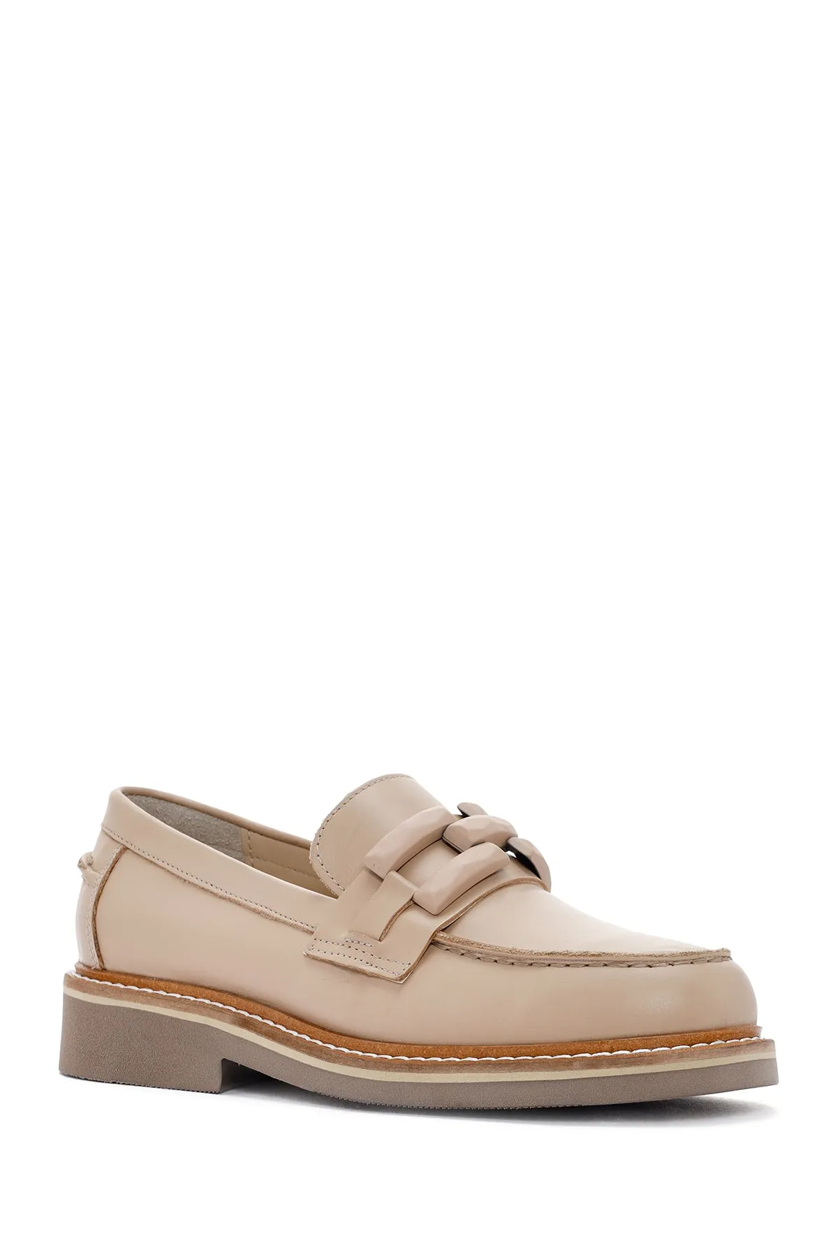 Kadın Bej Deri Maskülen Loafer