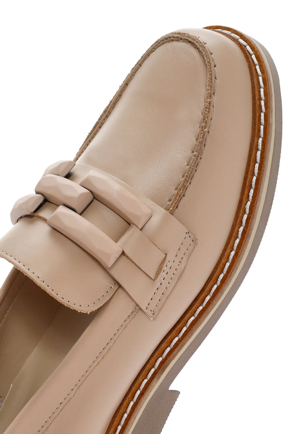 Kadın Bej Deri Maskülen Loafer