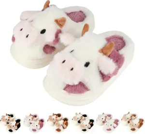 Kids Cow Slippers - Toddler Boys & Girls Soft Plush Animal Slippers - Winter Comfy Warm Fuzzy Memory Foam Non-slip Indoor/Outdoor Shoes