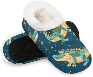 KOBLEN Animals Crocodiles Slippers for Women House Shoes with Fleece Lining Wide Comfy Full Slippers Lightweight Cozy Loafer with Rubber Sole Unisex Slippers Adults for Indoor Outdoor