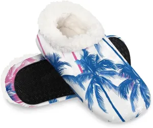 KOBLEN Coconut Tree Blue Slippers for Women House Shoes with Fleece Lining Wide Comfy Full Slippers Lightweight Cozy Loafer with Rubber Sole Unisex Slippers Adults for Indoor Outdoor