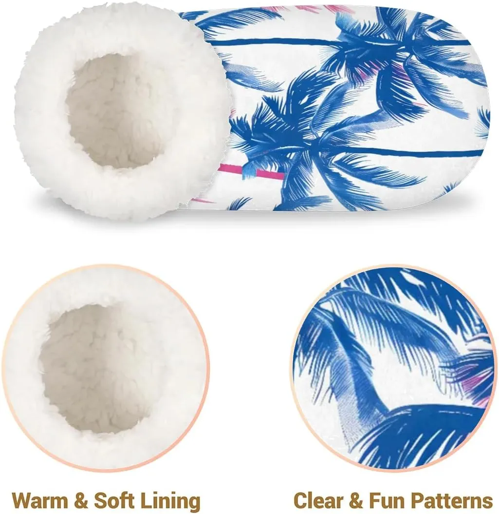 KOBLEN Coconut Tree Blue Slippers for Women House Shoes with Fleece Lining Wide Comfy Full Slippers Lightweight Cozy Loafer with Rubber Sole Unisex Slippers Adults for Indoor Outdoor