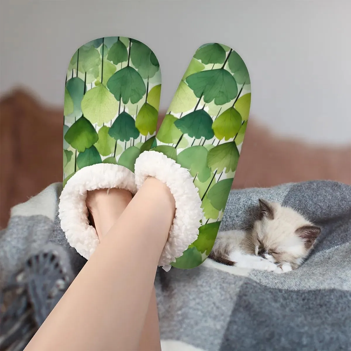 KOBLEN Green Lotus Leaf Slippers for Women House Shoes with Fleece Lining Wide Comfy Full Slippers Lightweight Cozy Loafer with Rubber Sole Unisex Slippers Adults for Indoor Outdoor