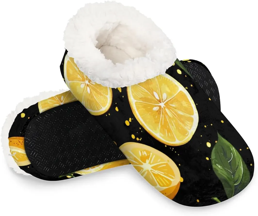 KOBLEN Lemon Leaves Slippers for Women House Shoes with Fleece Lining Wide Comfy Full Slippers Lightweight Cozy Loafer with Rubber Sole Unisex Slippers Adults for Indoor Outdoor