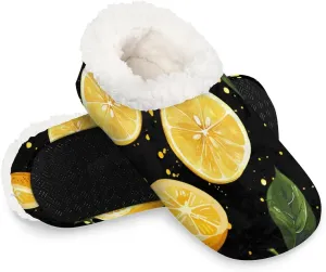 KOBLEN Lemon Leaves Slippers for Women House Shoes with Fleece Lining Wide Comfy Full Slippers Lightweight Cozy Loafer with Rubber Sole Unisex Slippers Adults for Indoor Outdoor