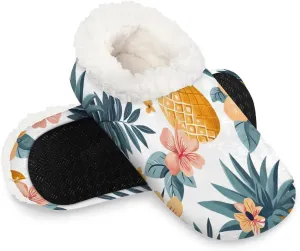 KOBLEN Pineapple Flowers Leaves Slippers for Women House Shoes with Fleece Lining Wide Comfy Full Slippers Lightweight Cozy Loafer with Rubber Sole Unisex Slippers Adults for Indoor Outdoor