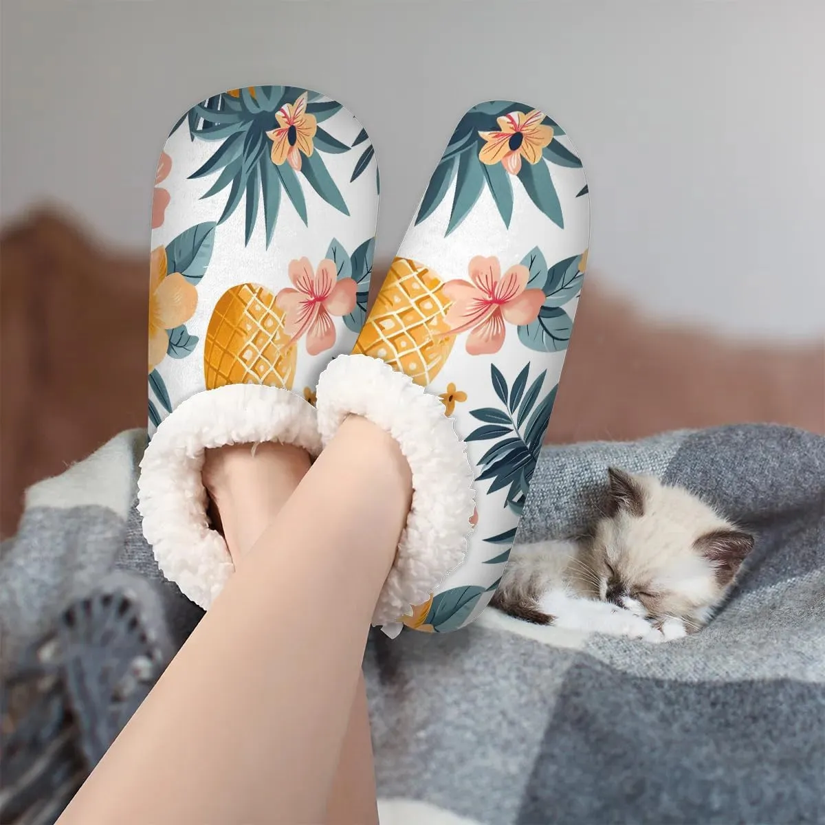 KOBLEN Pineapple Flowers Leaves Slippers for Women House Shoes with Fleece Lining Wide Comfy Full Slippers Lightweight Cozy Loafer with Rubber Sole Unisex Slippers Adults for Indoor Outdoor