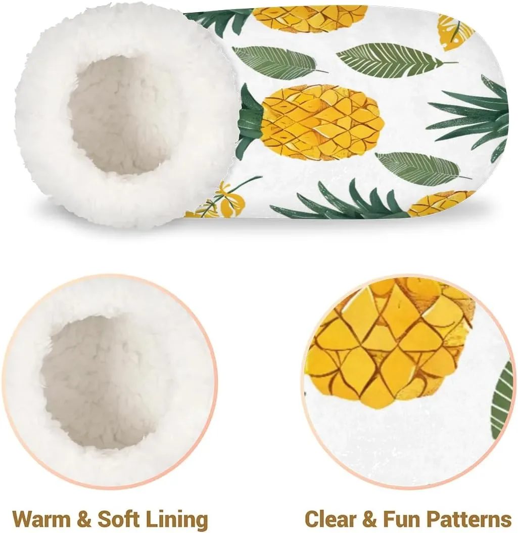 KOBLEN Pineapple Leaves Fruit Slippers for Women House Shoes with Fleece Lining Wide Comfy Full Slippers Lightweight Cozy Loafer with Rubber Sole Unisex Slippers Adults for Indoor Outdoor