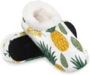 KOBLEN Pineapple Leaves Fruit Slippers for Women House Shoes with Fleece Lining Wide Comfy Full Slippers Lightweight Cozy Loafer with Rubber Sole Unisex Slippers Adults for Indoor Outdoor