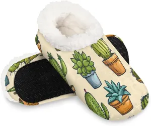 KOBLEN Plant Potted Cactus Slippers for Women House Shoes with Fleece Lining Wide Comfy Full Slippers Lightweight Cozy Loafer with Rubber Sole Unisex Slippers Adults for Indoor Outdoor