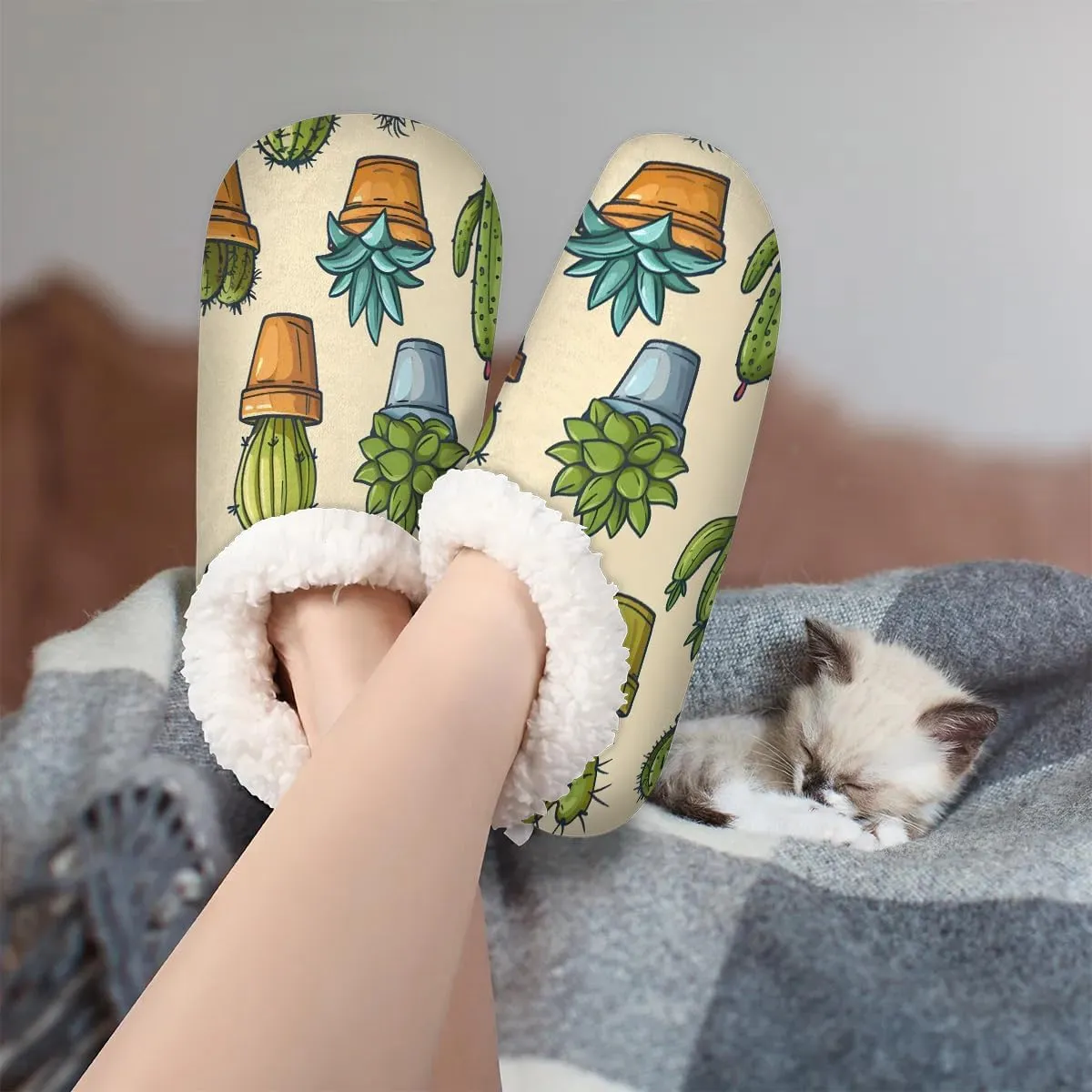 KOBLEN Plant Potted Cactus Slippers for Women House Shoes with Fleece Lining Wide Comfy Full Slippers Lightweight Cozy Loafer with Rubber Sole Unisex Slippers Adults for Indoor Outdoor