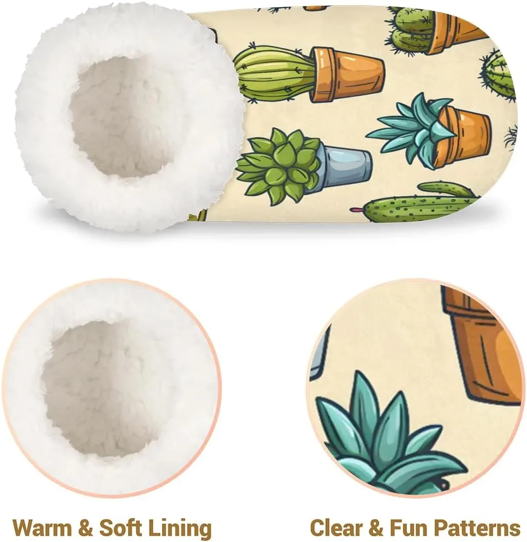 KOBLEN Plant Potted Cactus Slippers for Women House Shoes with Fleece Lining Wide Comfy Full Slippers Lightweight Cozy Loafer with Rubber Sole Unisex Slippers Adults for Indoor Outdoor
