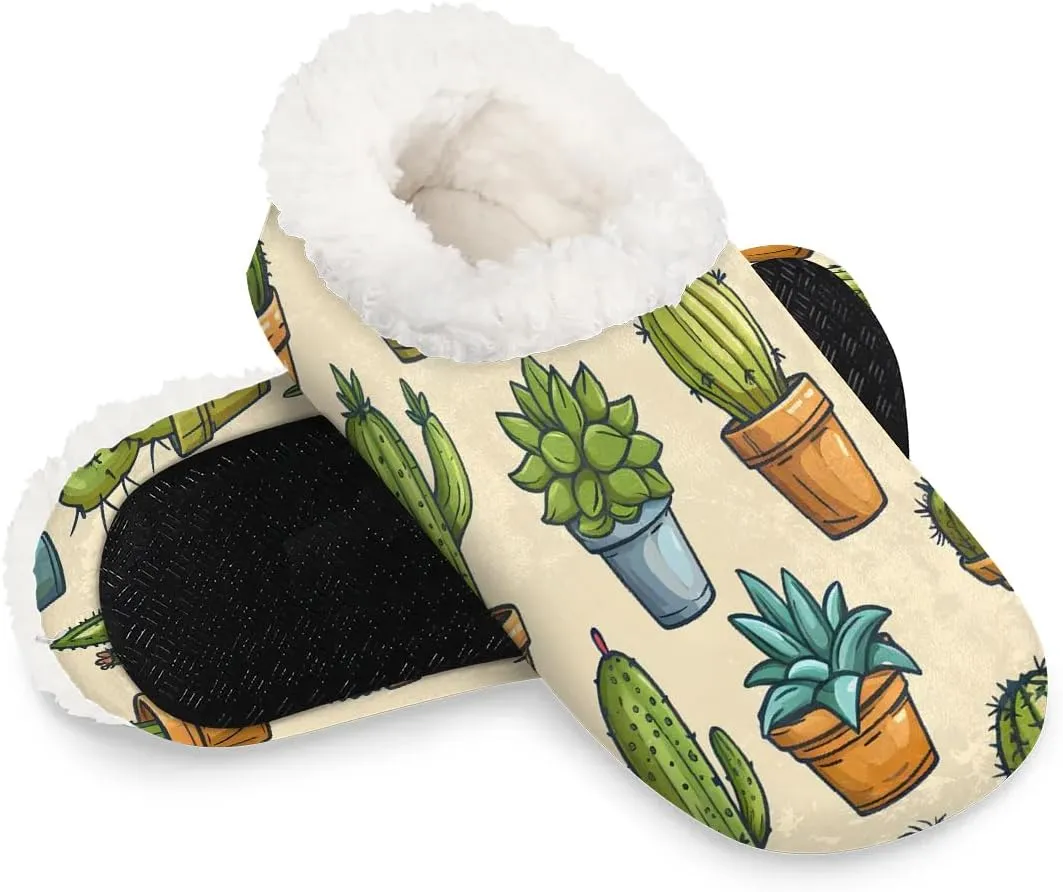 KOBLEN Plant Potted Cactus Slippers for Women House Shoes with Fleece Lining Wide Comfy Full Slippers Lightweight Cozy Loafer with Rubber Sole Unisex Slippers Adults for Indoor Outdoor