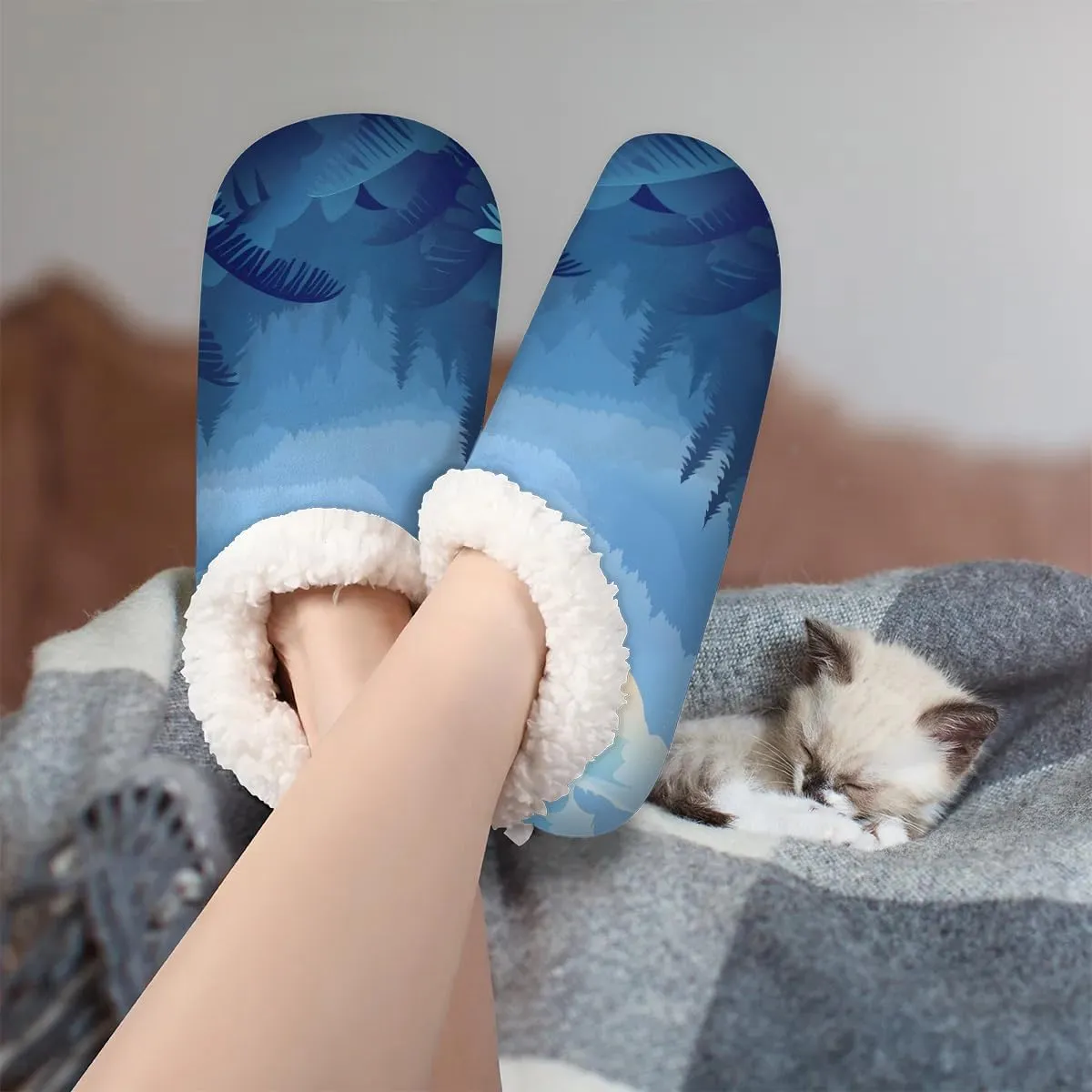 KOBLEN Sunrise Forest Landscape Slippers for Women House Shoes with Fleece Lining Wide Comfy Full Slippers Lightweight Cozy Loafer with Rubber Sole Unisex Slippers Adults for Indoor Outdoor