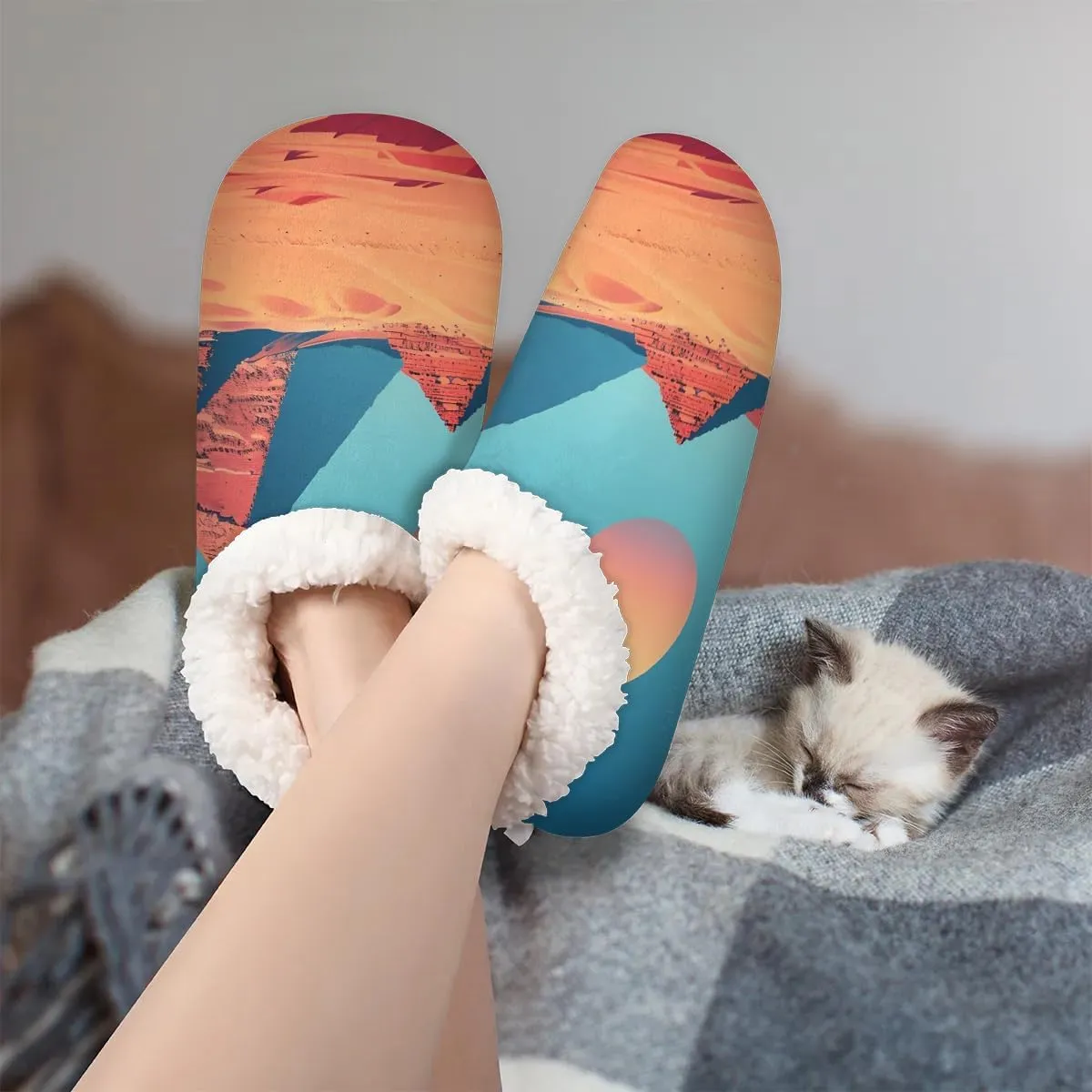 KOBLEN Sunset Pyramid Landscape Slippers for Women House Shoes with Fleece Lining Wide Comfy Full Slippers Lightweight Cozy Loafer with Rubber Sole Unisex Slippers Adults for Indoor Outdoor