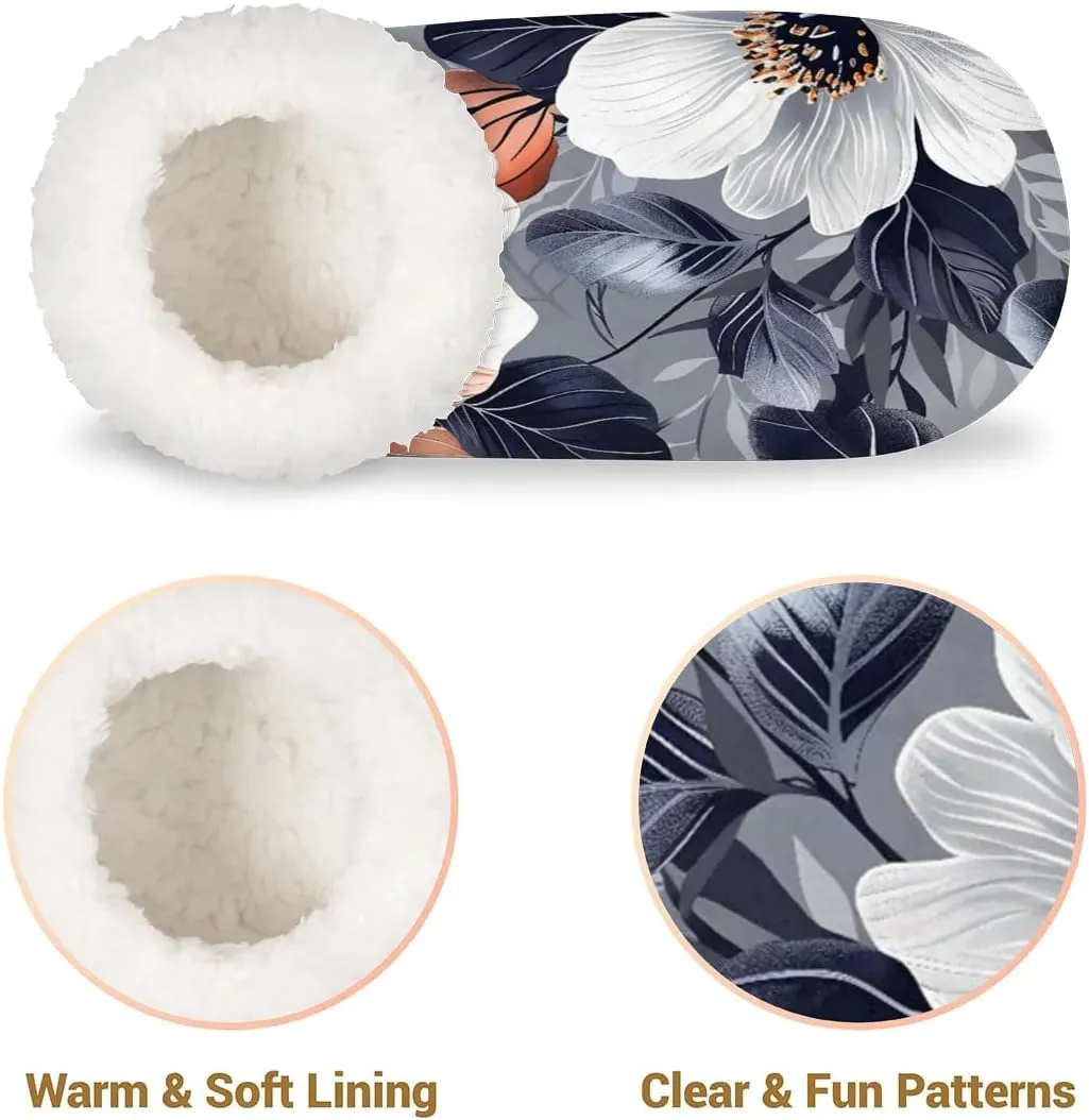KOBLEN Tropical Flower Slippers for Women House Shoes with Fleece Lining Wide Comfy Full Slippers Lightweight Cozy Loafer with Rubber Sole Unisex Slippers Adults for Indoor Outdoor