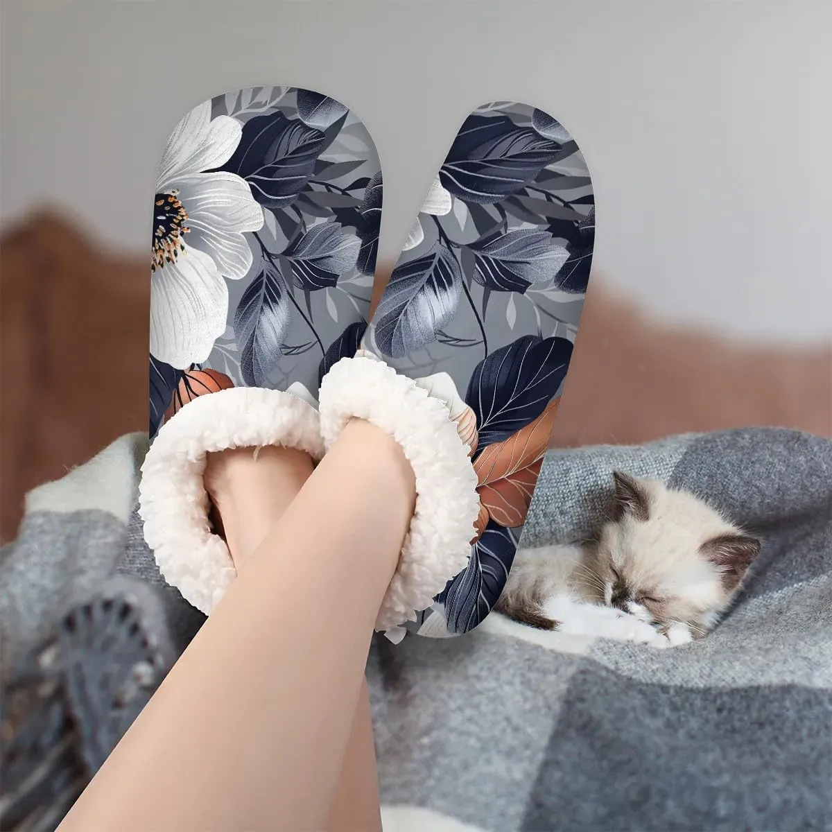 KOBLEN Tropical Flower Slippers for Women House Shoes with Fleece Lining Wide Comfy Full Slippers Lightweight Cozy Loafer with Rubber Sole Unisex Slippers Adults for Indoor Outdoor