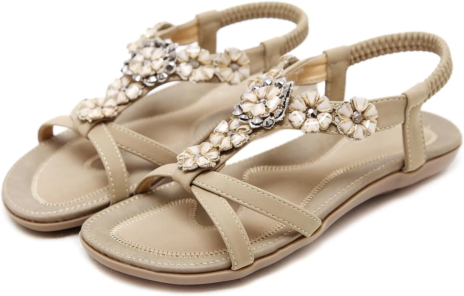KUNWFNIX Womens Sandals Comfortable Summer Dressy Flat Sandals Bohemian Clip Toe Leather Upholstery T-Strap Flip Flop Thong Sandals