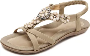 KUNWFNIX Womens Sandals Comfortable Summer Dressy Flat Sandals Bohemian Clip Toe Leather Upholstery T-Strap Flip Flop Thong Sandals