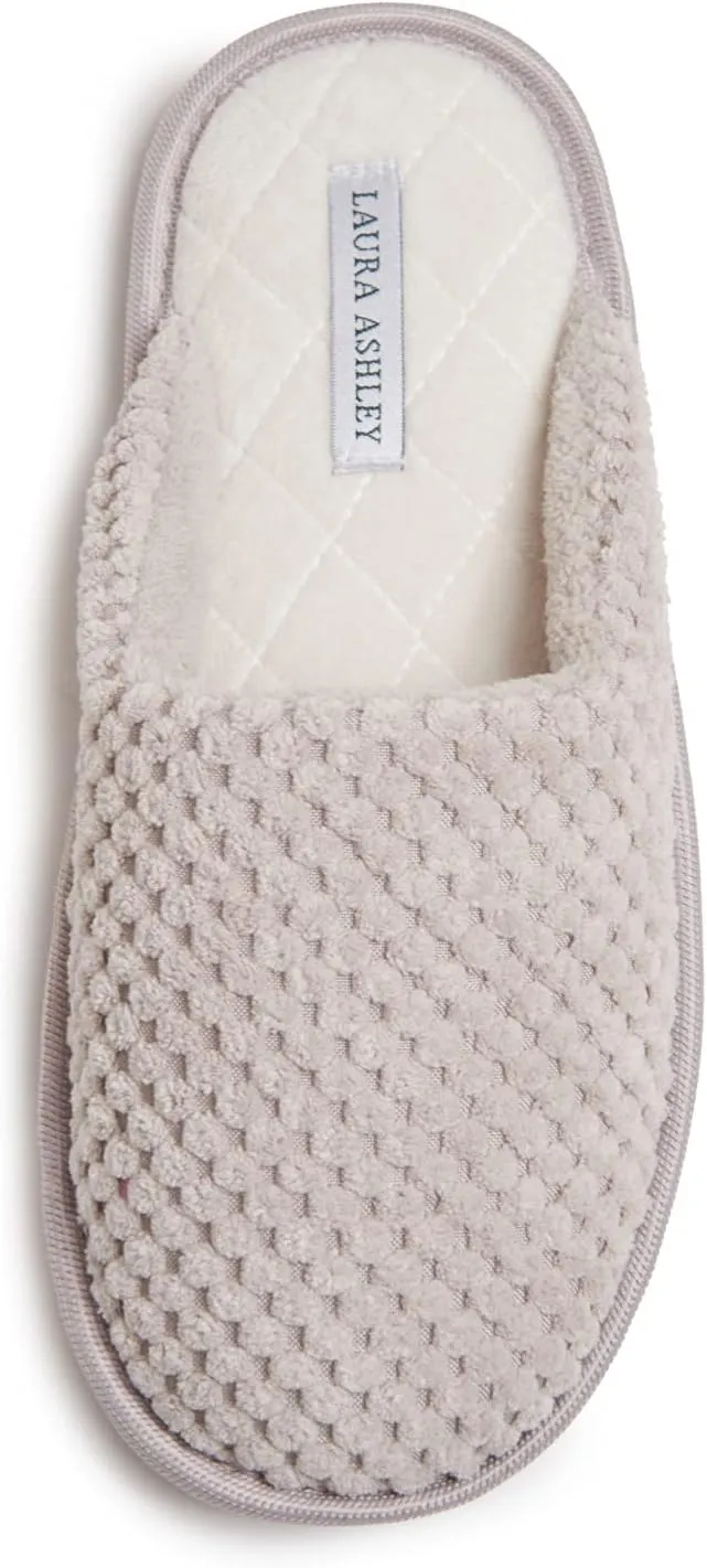 Laura Ashley Womens Plush Memory Foam Scuff Slippers, Fluffy Warm Micro Terry House Shoes, Comfy Slip On Bedroom Slipper