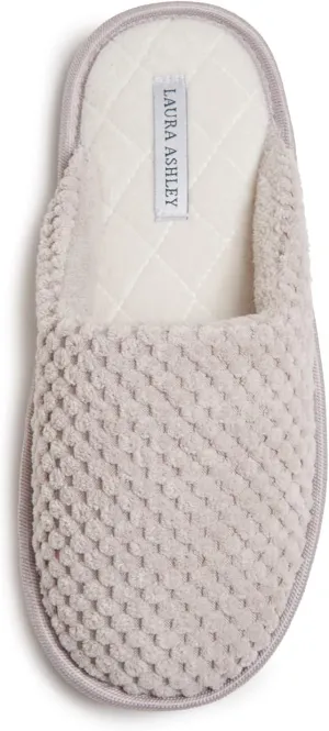 Laura Ashley Womens Plush Memory Foam Scuff Slippers, Fluffy Warm Micro Terry House Shoes, Comfy Slip On Bedroom Slipper