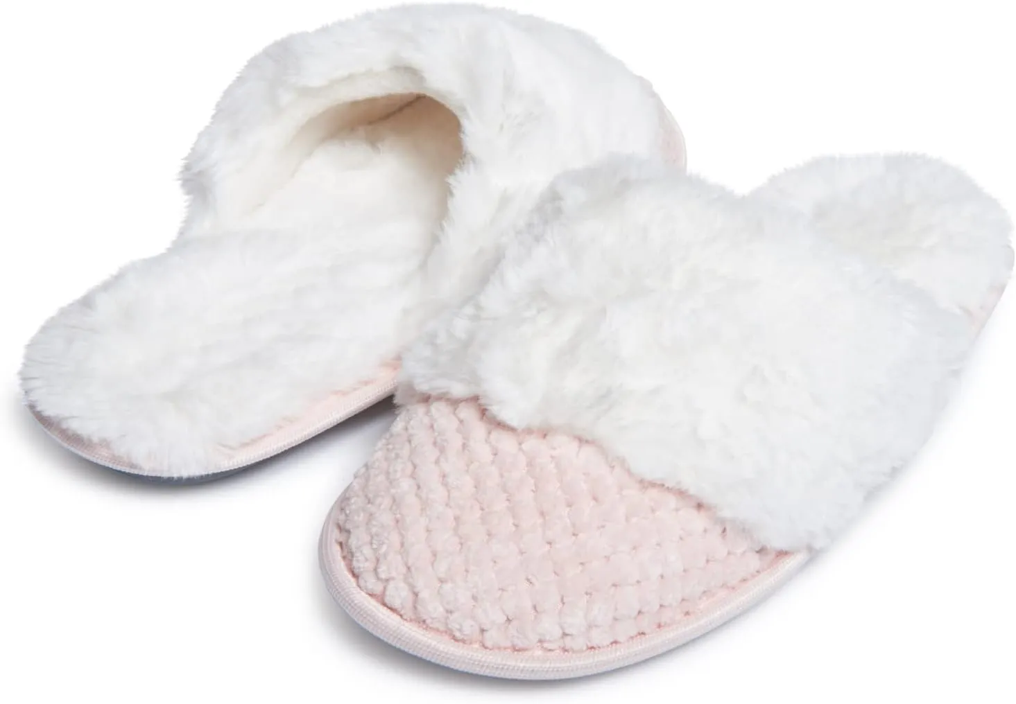Laura Ashley Womens Plush Memory Foam Wide Collar Fleece Spa Scuff Slippers, Fuzzy Warm Faux Fur Slip On House Shoes Slipper