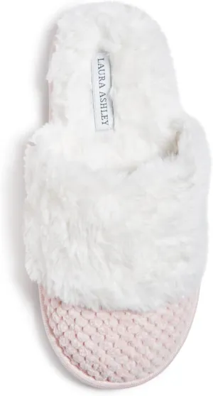 Laura Ashley Womens Plush Memory Foam Wide Collar Fleece Spa Scuff Slippers, Fuzzy Warm Faux Fur Slip On House Shoes Slipper