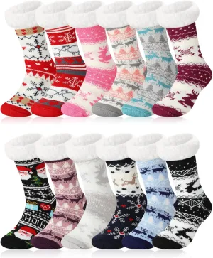 Liitrsh 12 Pairs Christmas Women Fuzzy Slipper Socks Xmas Fluffy Thermal Sherpa Slipper Socks Winter Warm Soft Fleece Non Slip Socks