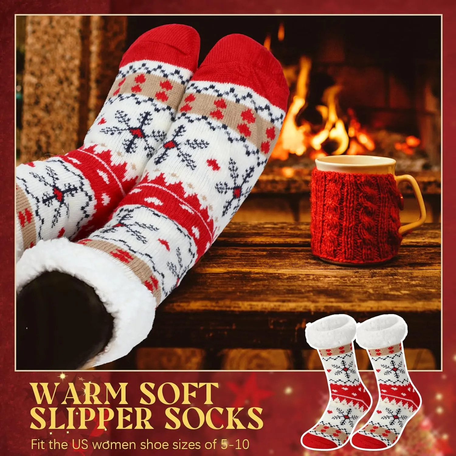 Liitrsh 12 Pairs Christmas Women Fuzzy Slipper Socks Xmas Fluffy Thermal Sherpa Slipper Socks Winter Warm Soft Fleece Non Slip Socks