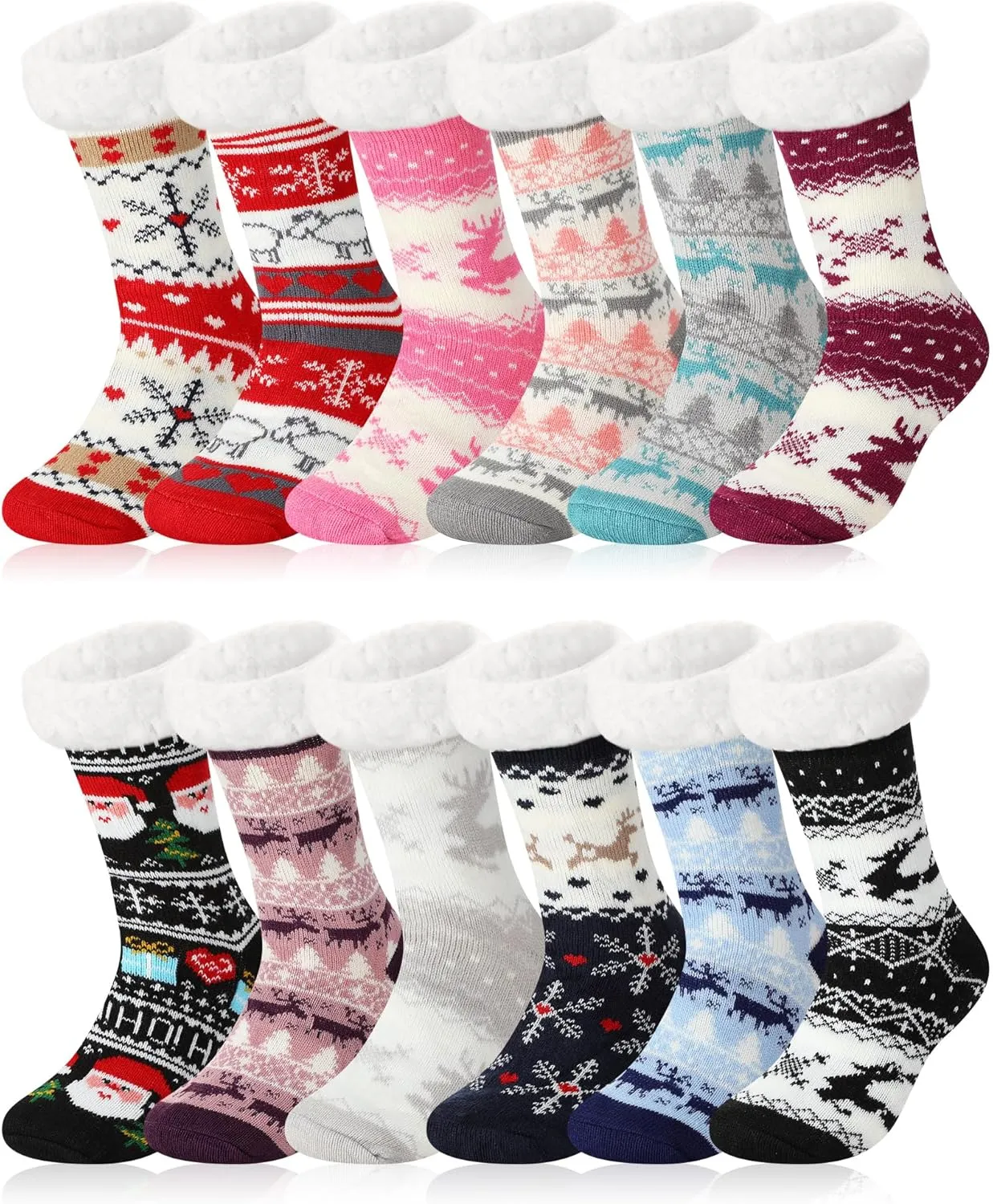 Liitrsh 12 Pairs Christmas Women Fuzzy Slipper Socks Xmas Fluffy Thermal Sherpa Slipper Socks Winter Warm Soft Fleece Non Slip Socks