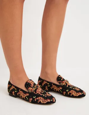 Loafer mit verzierter Borte-Schwarz, Gestickte Geparden