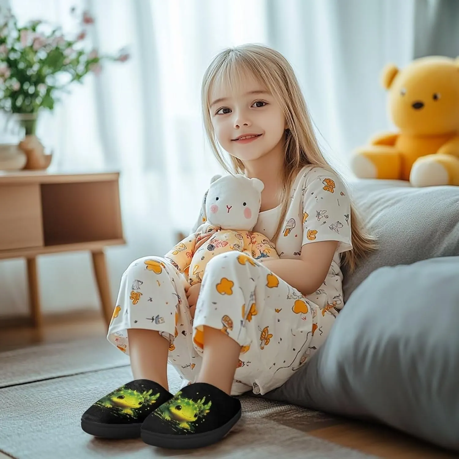 Lotusorchid Kids House Slipper for Boys Girls, Cozy Warm Boys Sleep Slippers with Rubber Sole, Closed Toe Slip On Bedroom Slippers
