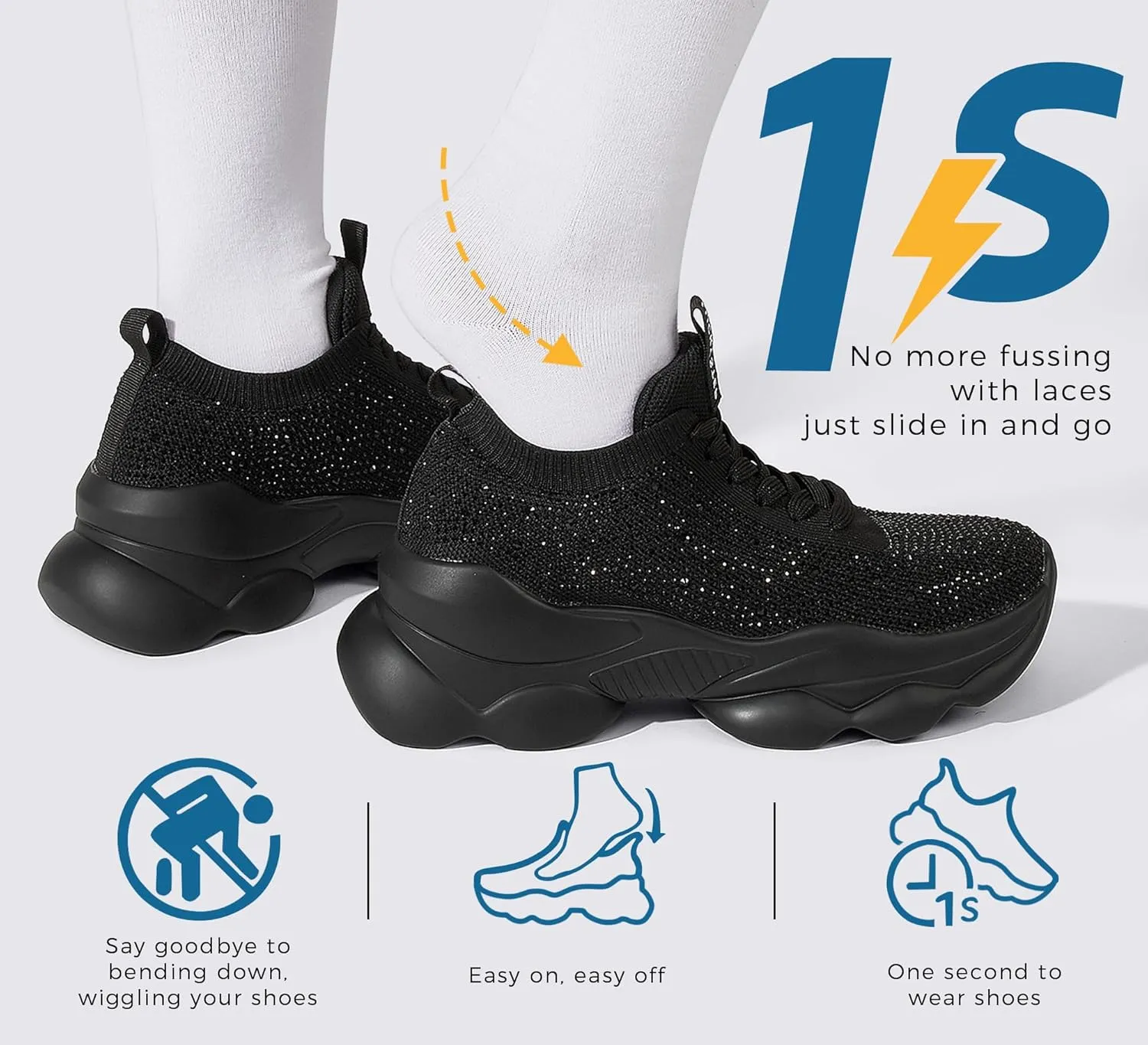 LUCKY STEP Women's Chunky Rhinestone Sneaker Sparkly Bling Bedazzled Mesh Slip on Elastic Sock Glitter Shiny Rave Walking Shoes