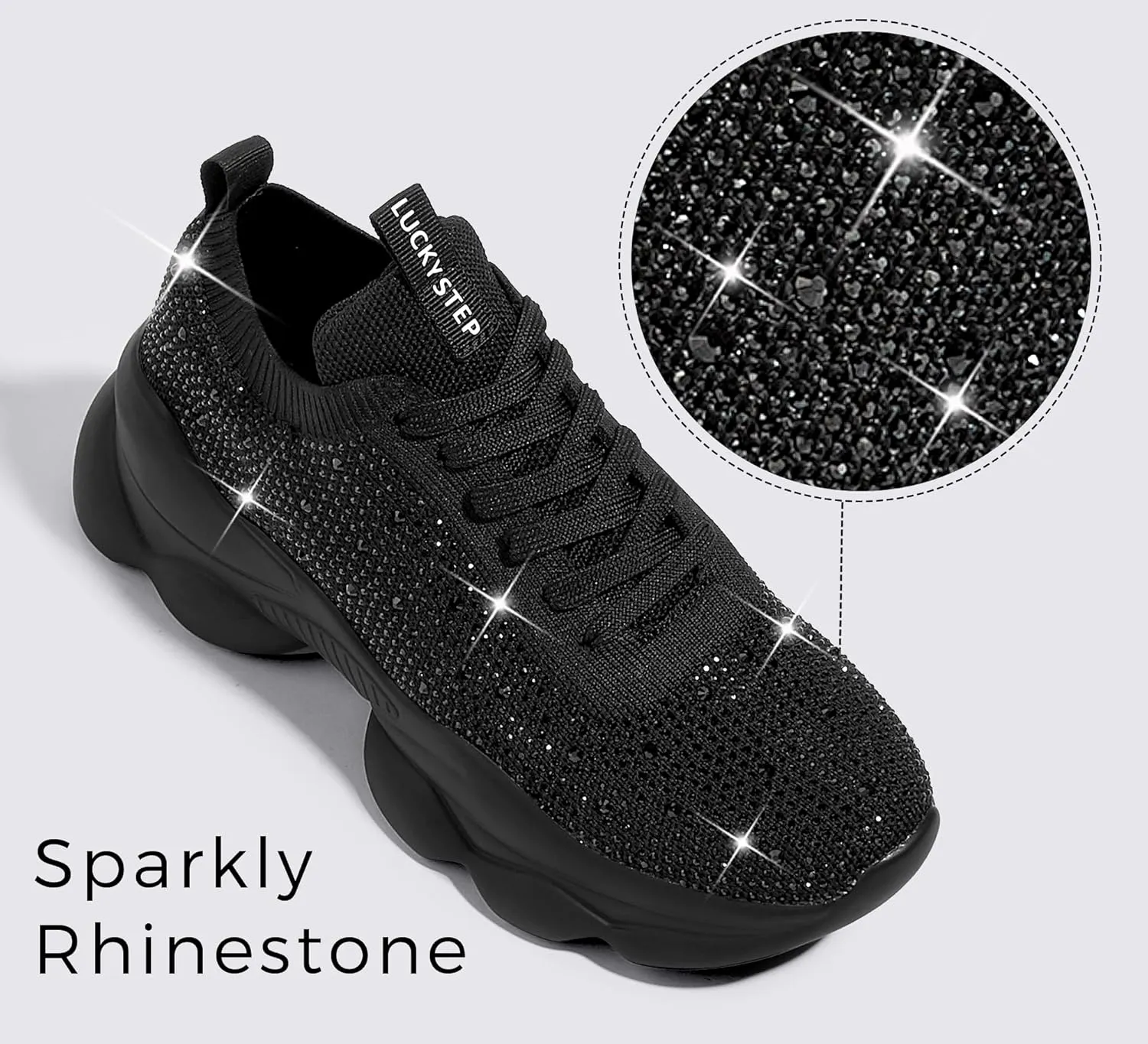 LUCKY STEP Women's Chunky Rhinestone Sneaker Sparkly Bling Bedazzled Mesh Slip on Elastic Sock Glitter Shiny Rave Walking Shoes