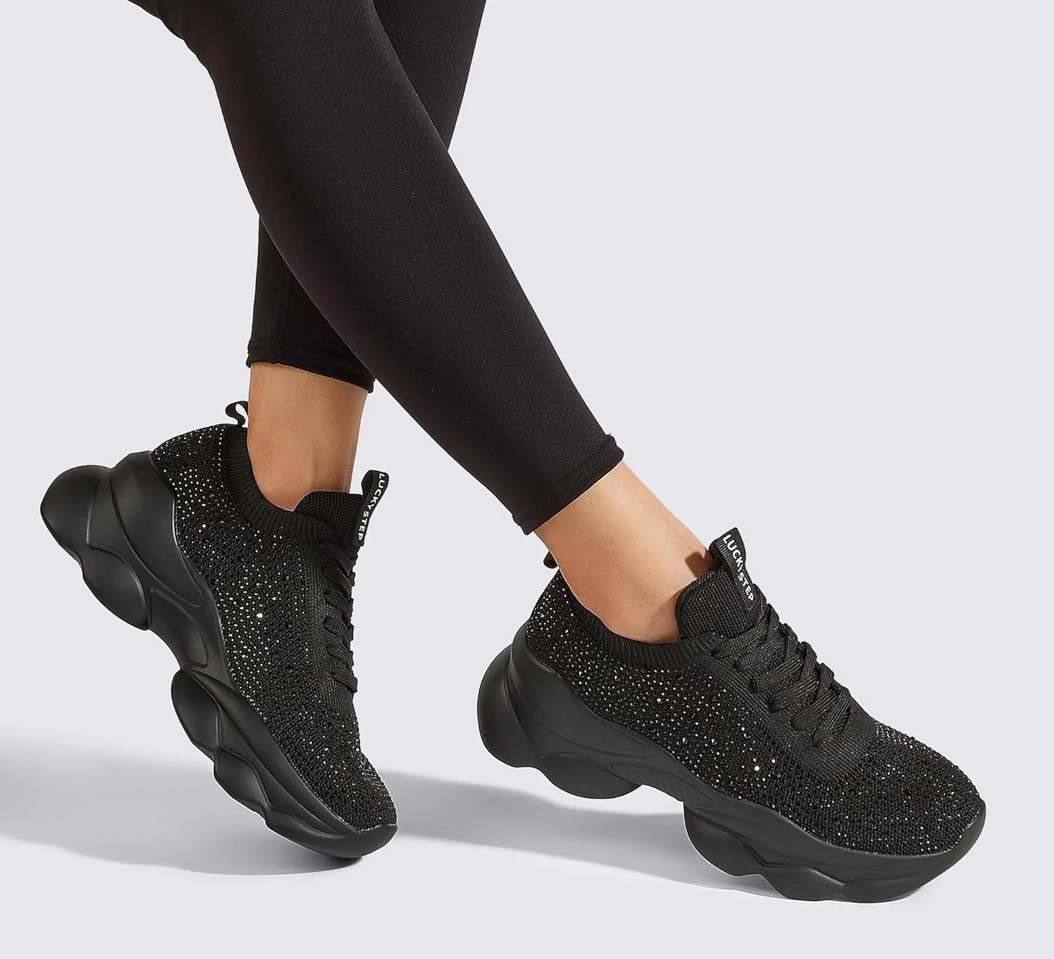 LUCKY STEP Women's Chunky Rhinestone Sneaker Sparkly Bling Bedazzled Mesh Slip on Elastic Sock Glitter Shiny Rave Walking Shoes