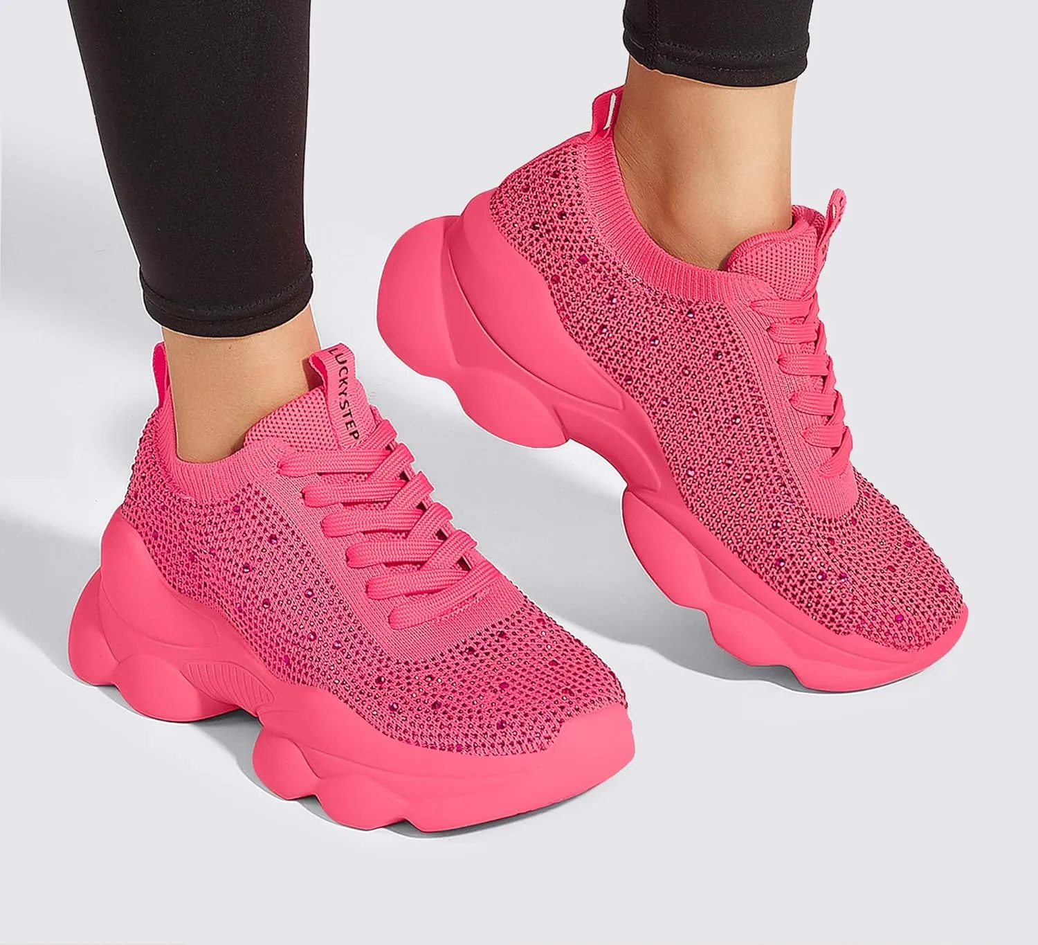 LUCKY STEP Women's Chunky Rhinestone Sneaker Sparkly Bling Bedazzled Mesh Slip on Elastic Sock Glitter Shiny Rave Walking Shoes