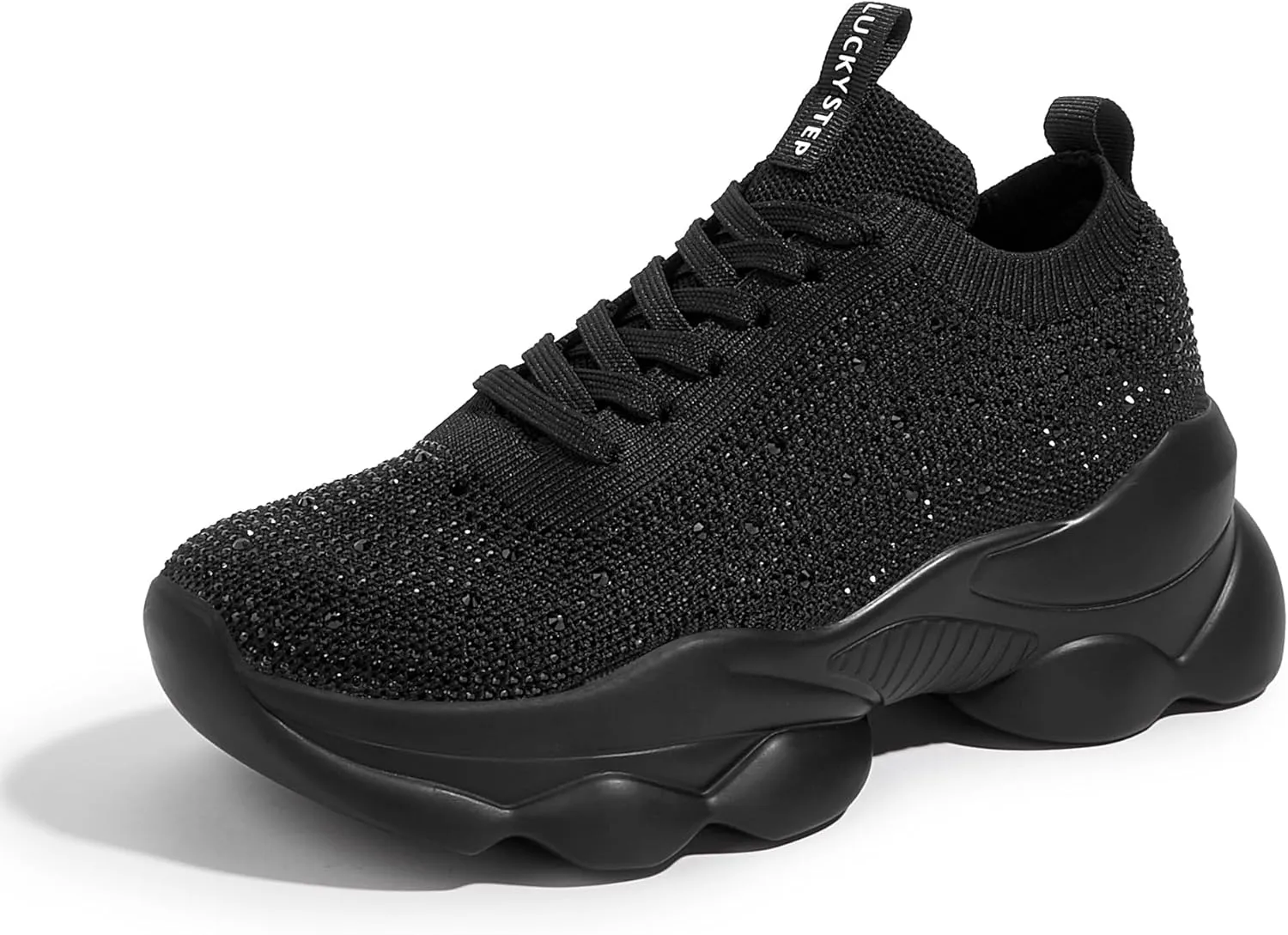 LUCKY STEP Women's Chunky Rhinestone Sneaker Sparkly Bling Bedazzled Mesh Slip on Elastic Sock Glitter Shiny Rave Walking Shoes