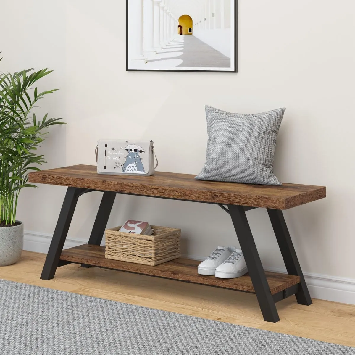 LVB Wood Bench, Industrial Storage Entryway Indoor Bench for Bedroom Hallway Living Room, Rustic Famhouse Wooden Metal Shoe Rack Accent Foyer Bench Seat for Entrance Sitting, Rustic Brown, 47 in Long