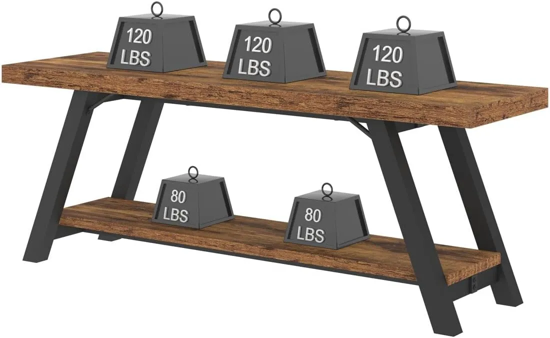 LVB Wood Bench, Industrial Storage Entryway Indoor Bench for Bedroom Hallway Living Room, Rustic Famhouse Wooden Metal Shoe Rack Accent Foyer Bench Seat for Entrance Sitting, Rustic Brown, 47 in Long
