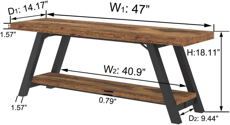 LVB Wood Bench, Industrial Storage Entryway Indoor Bench for Bedroom Hallway Living Room, Rustic Famhouse Wooden Metal Shoe Rack Accent Foyer Bench Seat for Entrance Sitting, Rustic Brown, 47 in Long