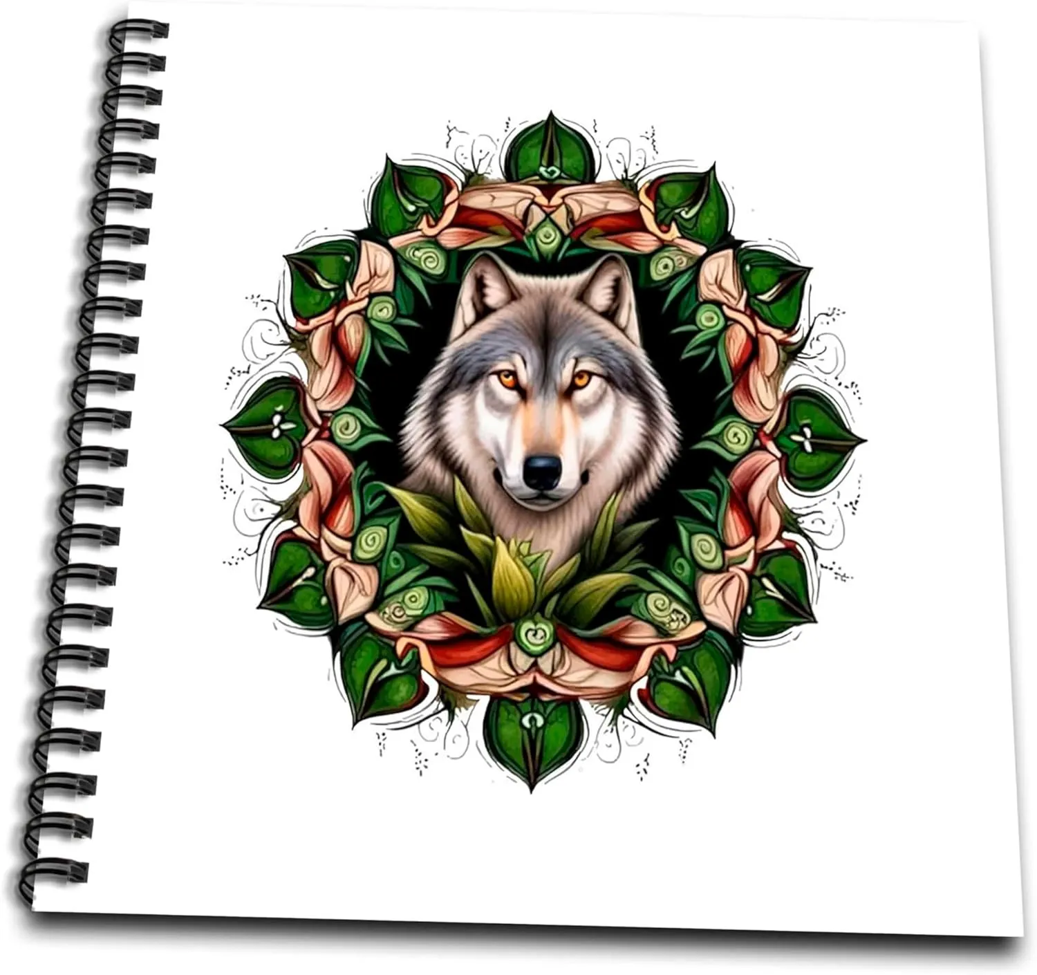 Memory Book 12 x 12 inch - A Timber Wolf Surrounded by Ladys Slipper Minnesota State Tattoo Art Vector Art - Minnesota Mammal Flower