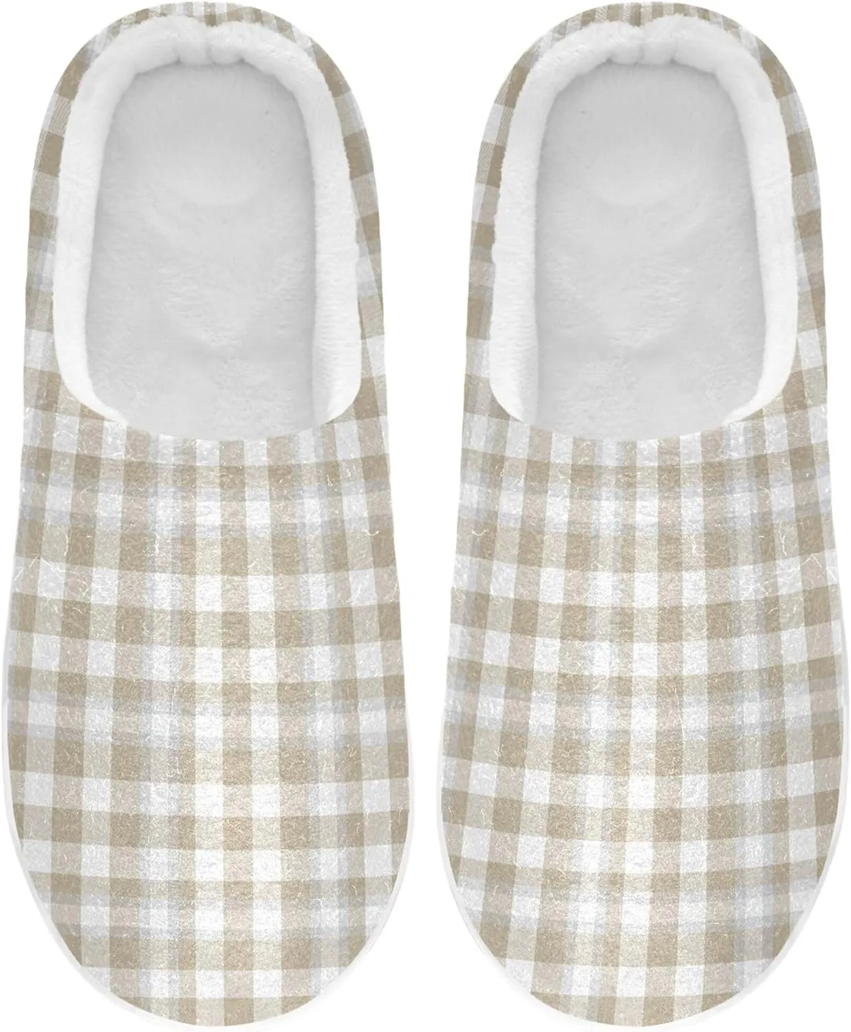 Memory Foam Slipper for Women and Men Warm Plush Non-Slip Slip On Warm House Shoes Bedroom Home Office Travel Yoga XL Brown Taupe Buffalo Plaid Tartan Check Scotland Beige