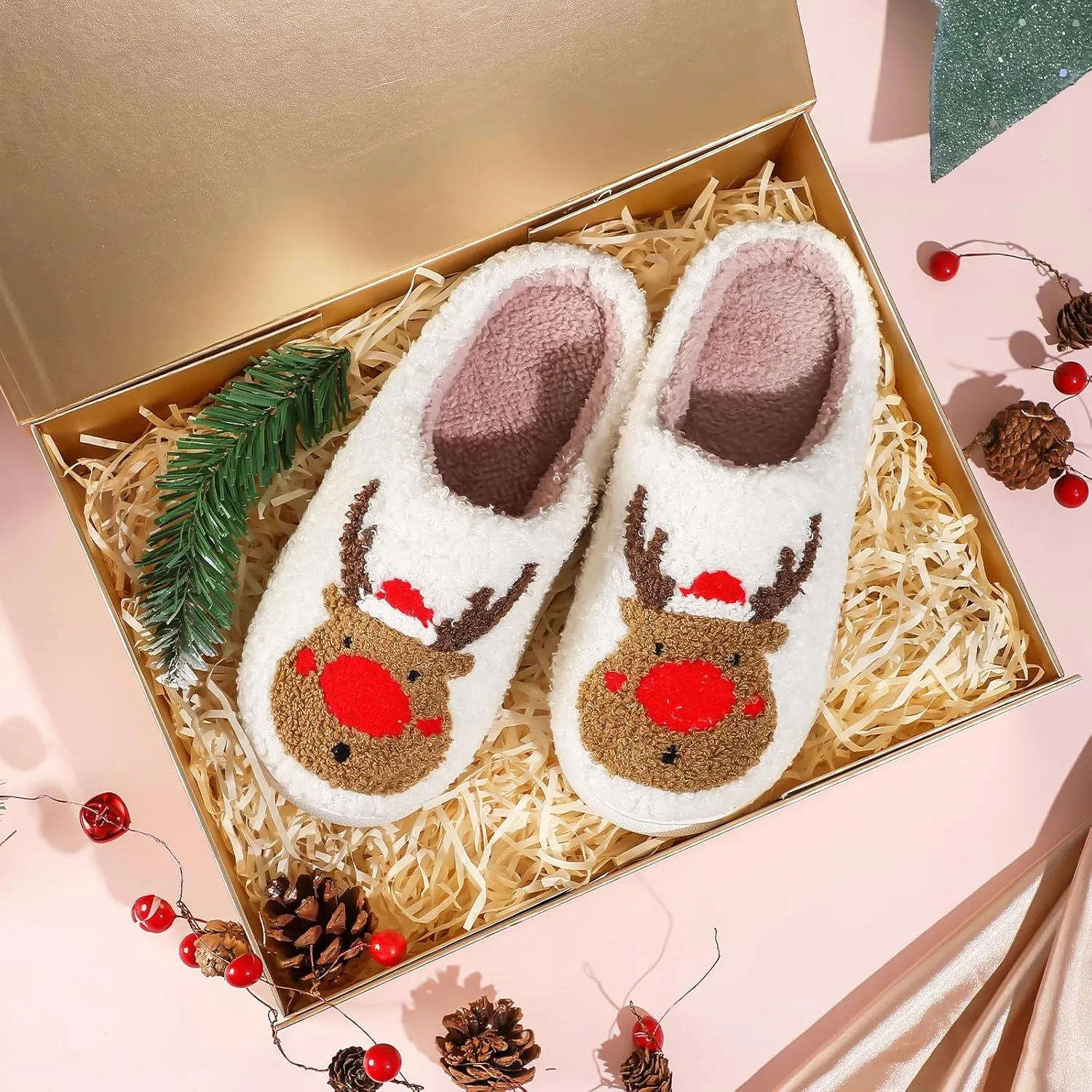 Menore Christmas Reindeer Slippers for Womens Mens Plush Warm Santa Claus Slippers Fuzzy House Slippers Christmas Gifts For Girls Women Girlfriend