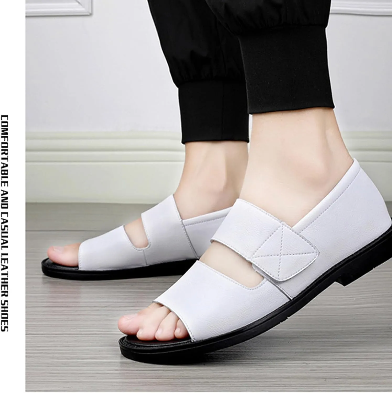 Men's Leather Sandals with Hook Loop Non-Slip Breathable Open Toe Water Shoes for Beach Walking Swimming Quick-Dry Non-Slip Flat Sole Business Casual Fisherman Sandals