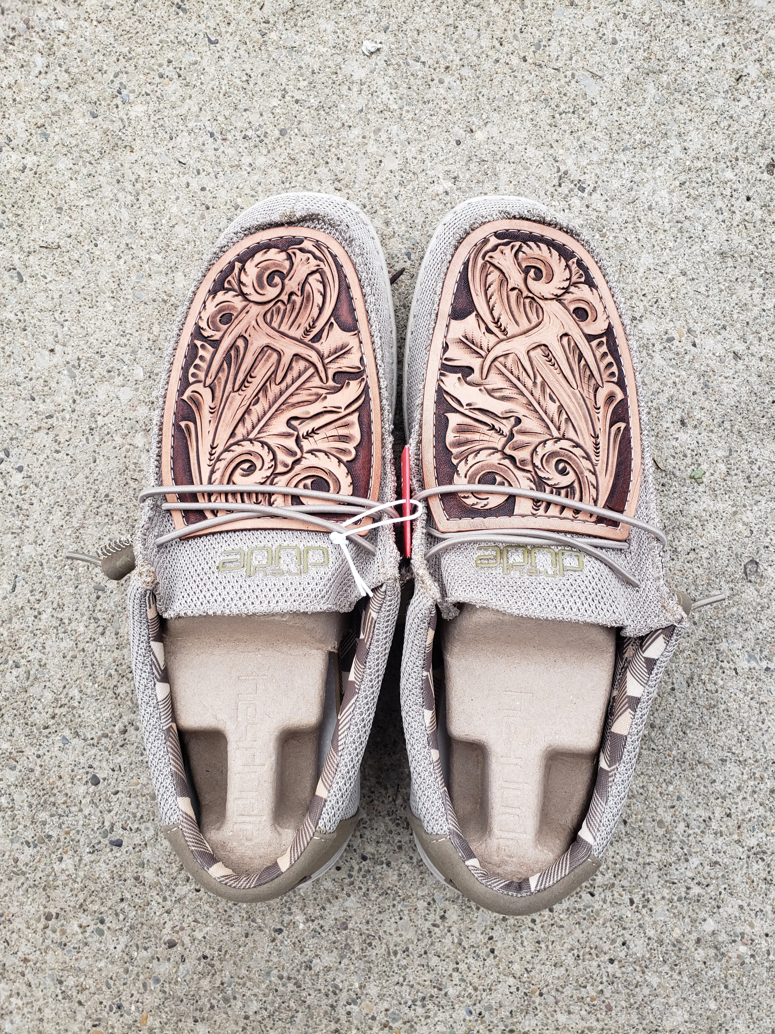 Men's size 14 loafers with custom tooled leather patches