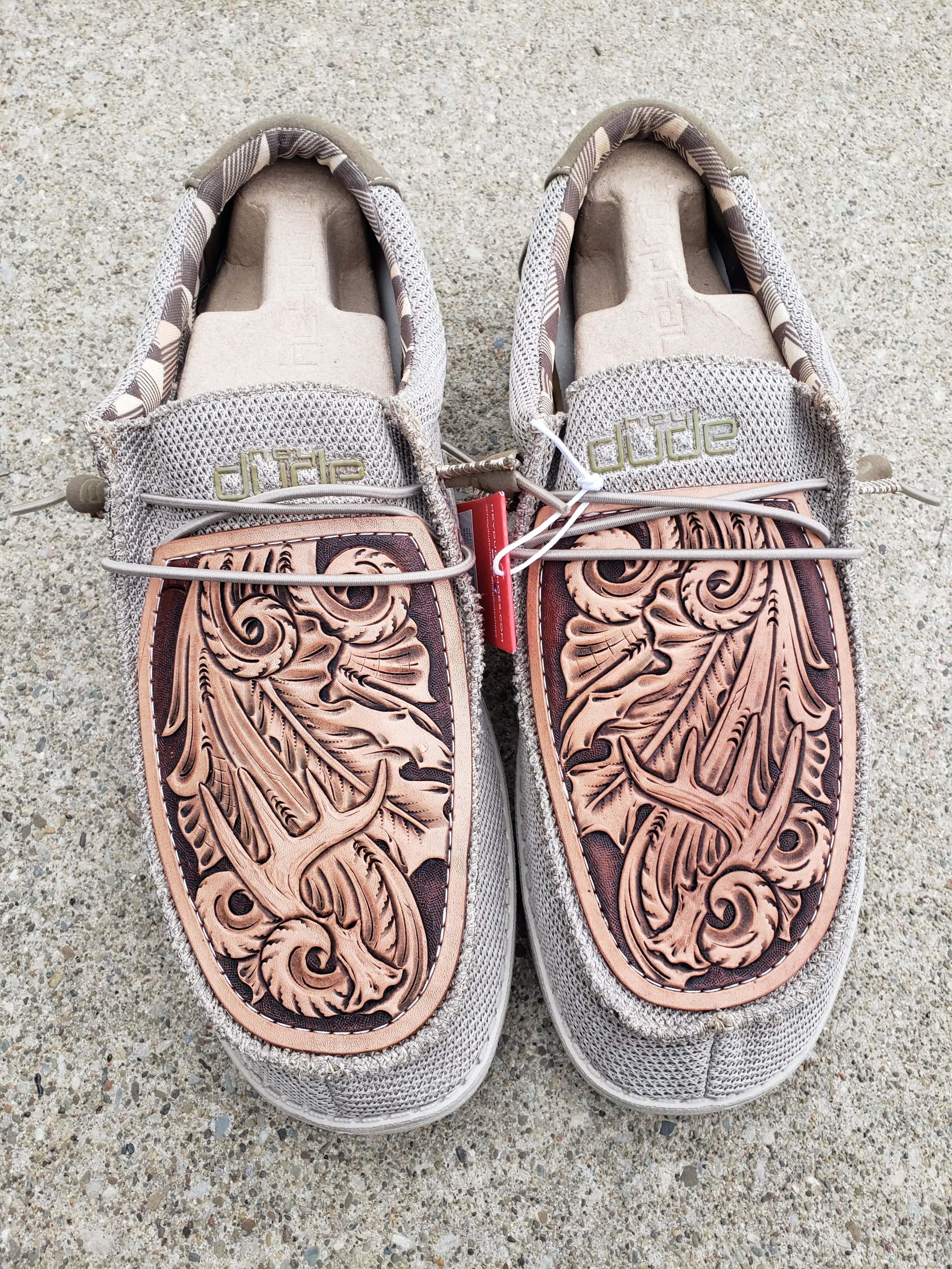 Men's size 14 loafers with custom tooled leather patches