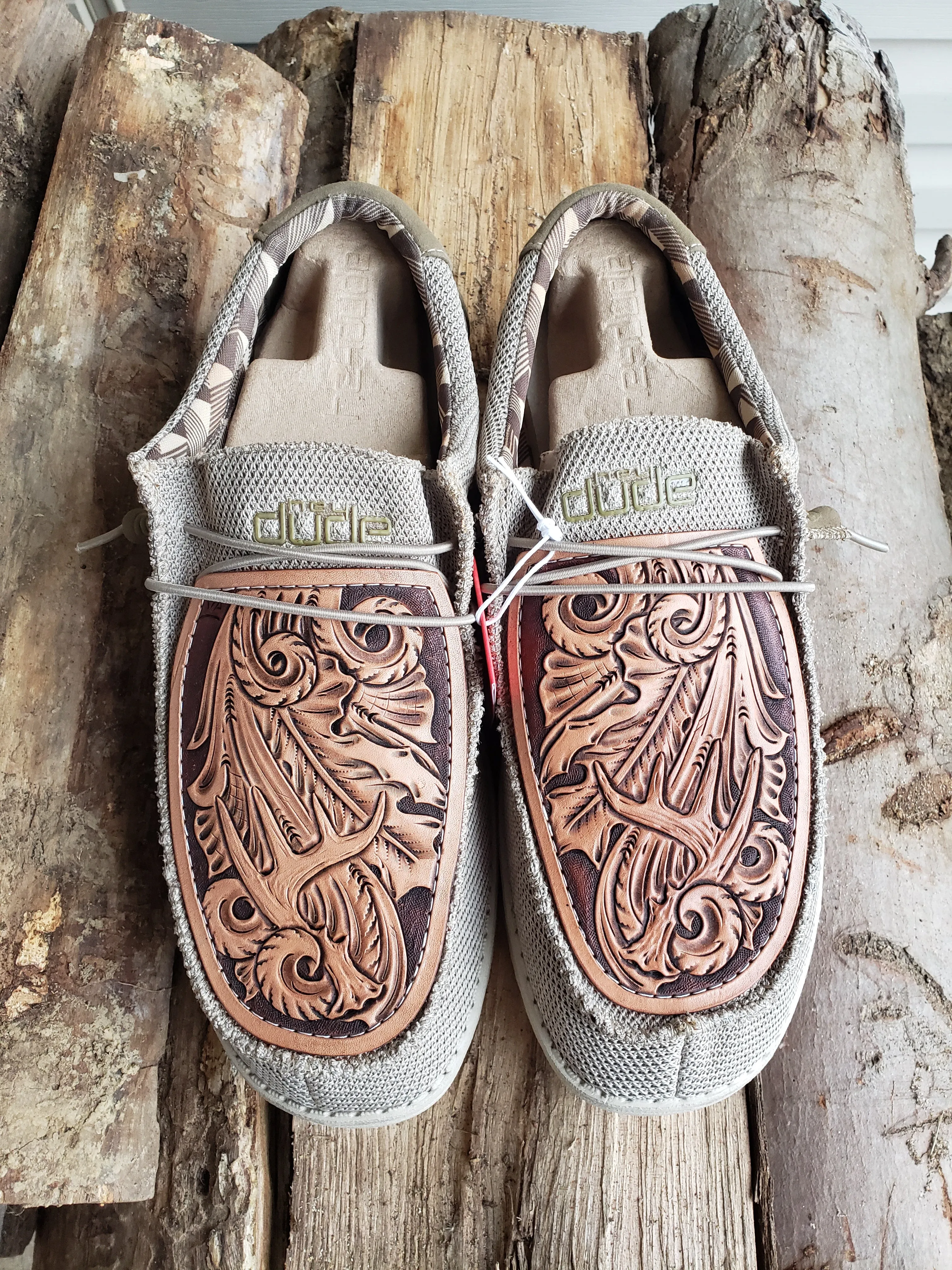 Men's size 14 loafers with custom tooled leather patches