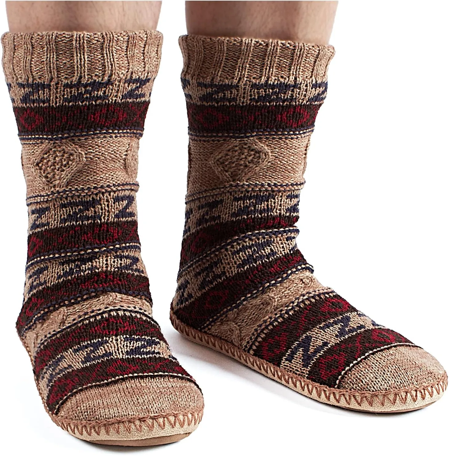 Men's Slipper Socks, Winter Cable Knit Non-Skid Warm Slipper Socks, Cozy Soft Indoor Socks with Fluffy Sherpa Lined