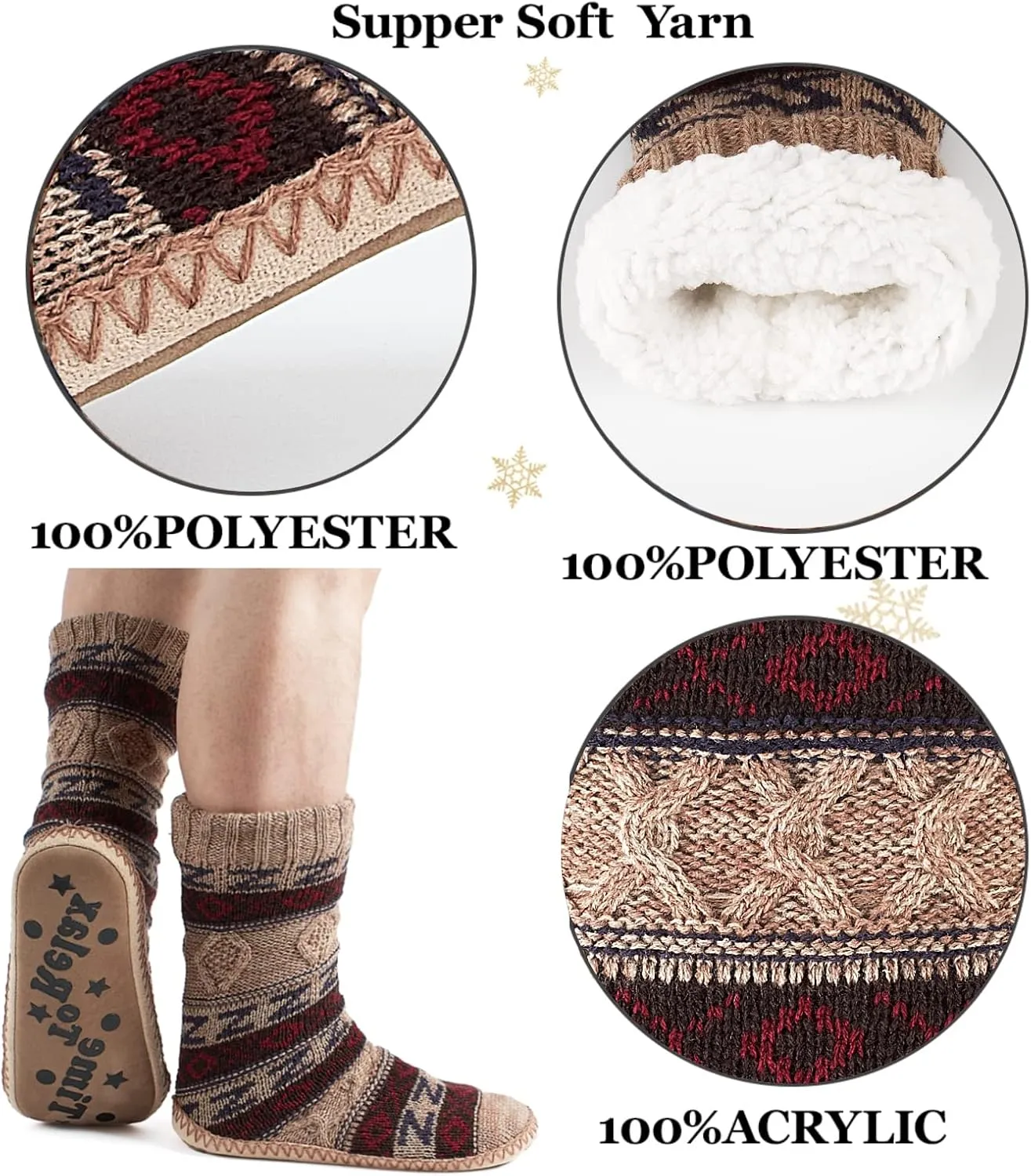 Men's Slipper Socks, Winter Cable Knit Non-Skid Warm Slipper Socks, Cozy Soft Indoor Socks with Fluffy Sherpa Lined