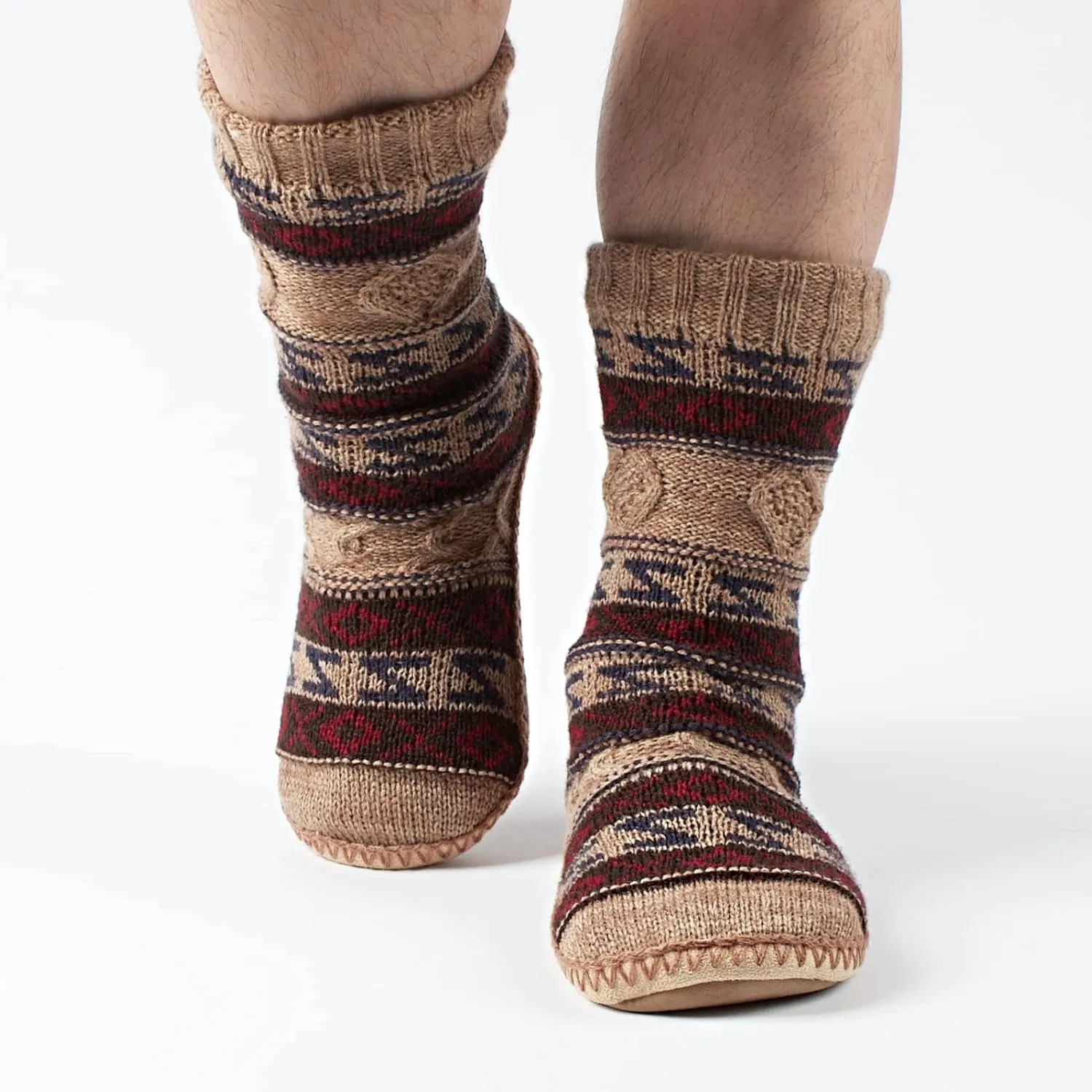 Men's Slipper Socks, Winter Cable Knit Non-Skid Warm Slipper Socks, Cozy Soft Indoor Socks with Fluffy Sherpa Lined